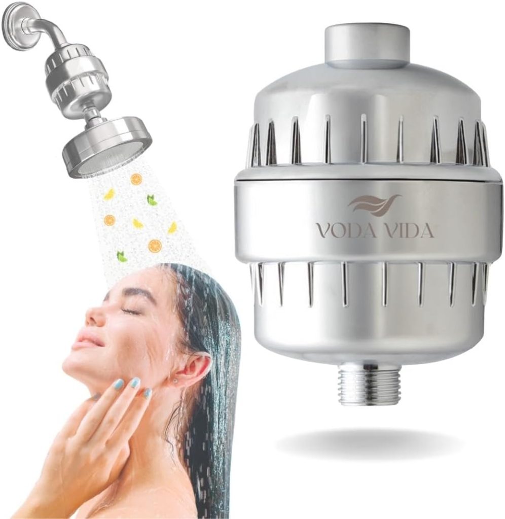 Voda Vida 15-Stage Shower Filter in chrome finish designed to reduce chlorine, hard water minerals, and impurities for softer skin and healthier hair.
